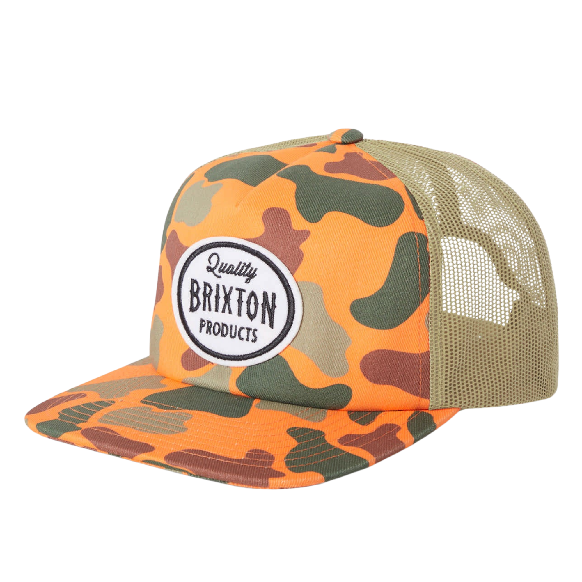 orange Camouflage-patterned brixton henry trucker hat with Brixton logo on a white background