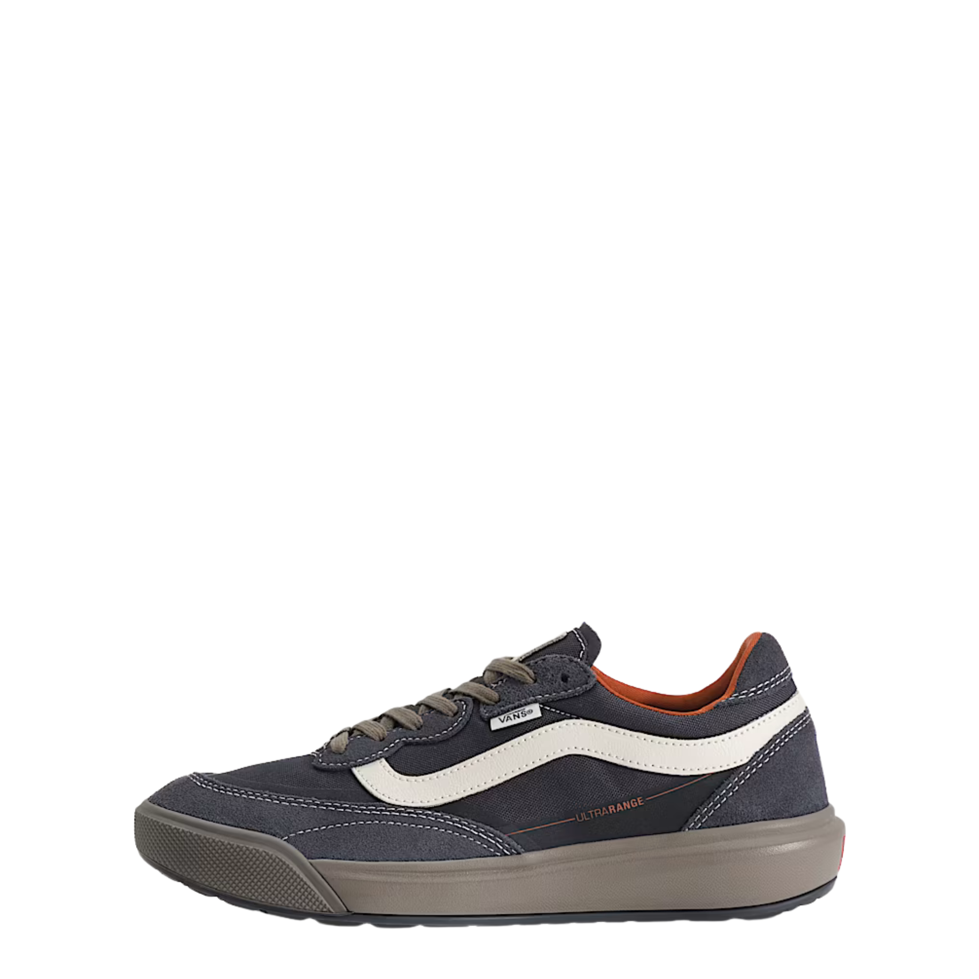 A low-top vans ultrarange se 2.0 sneaker shown from the side profile against a solid white background. The shoe features a dark gray upper with a prominent off-white side stripe, a dark gray sole, and subtle orange-red accents on the collar lining and side details.