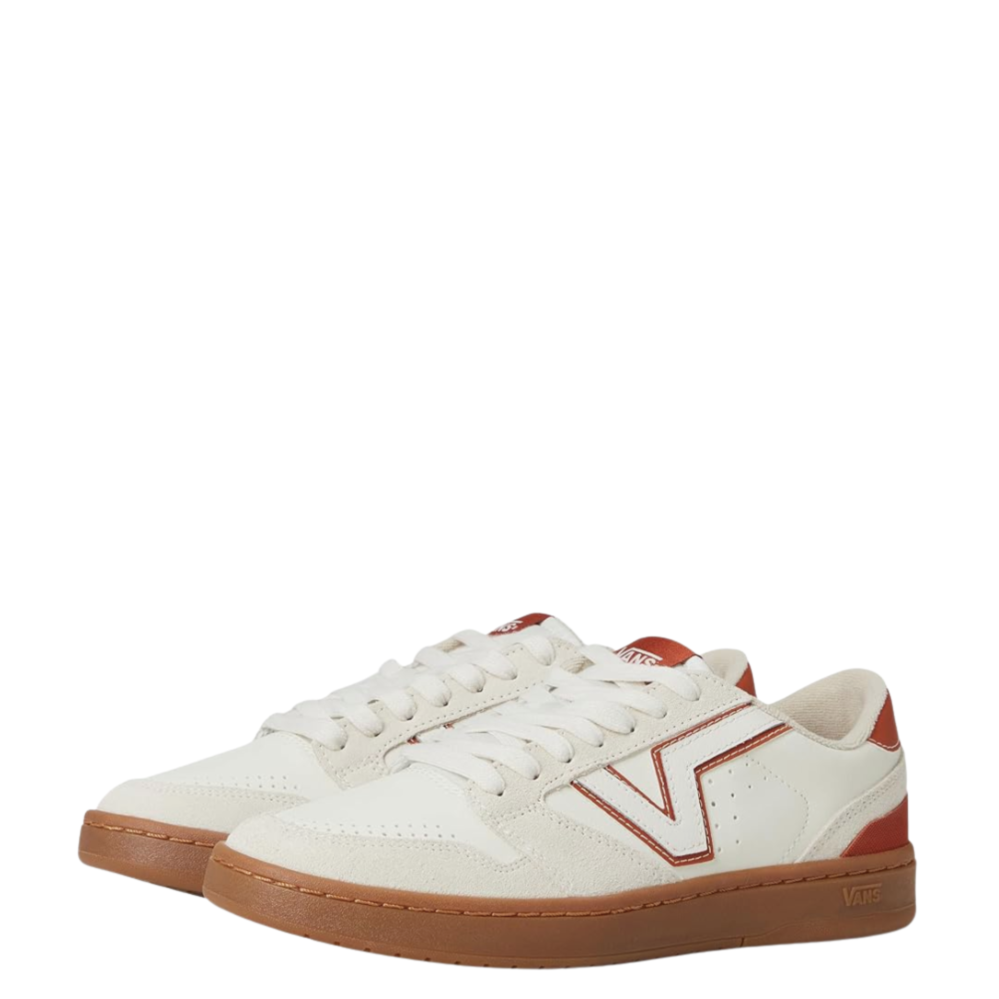 White vans lowland 2.0 sneaker with brown accents on a white background