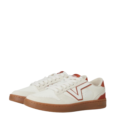 White vans lowland 2.0 sneaker with brown accents on a white background