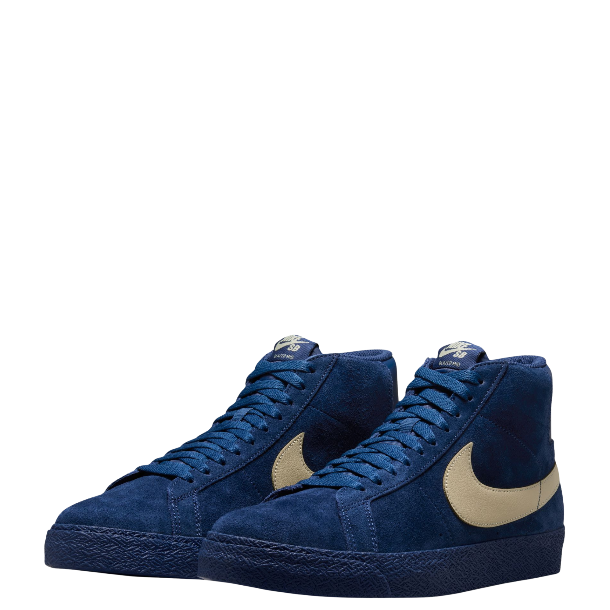 A high-top Nike sb Blazer skateboard sneaker in navy blue suede with a beige Swoosh logo and matching navy laces, shown from a side profile on a white background.