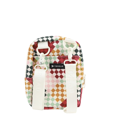 multi colored checkered thread crossbody bag on a white background