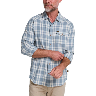 A light blue and white plaid howler brothers la grange lightweight flannel long-sleeve button-up shirt with brown buttons, a chest pocket, and a visible brand label on the collar and chest pocket.