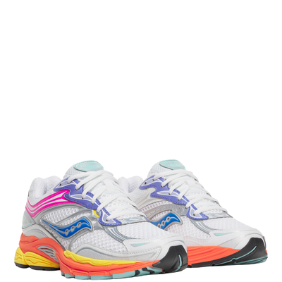 Colorful SAUCONY progrid omni 9 running shoe with a brand logo on a white background