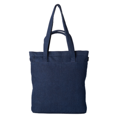 A dark navy blue canvas tote bag with two shoulder straps, shown against a plain white background.