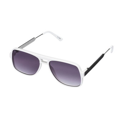 White sptifire orbital sunglasses with black gradient lenses on a white background