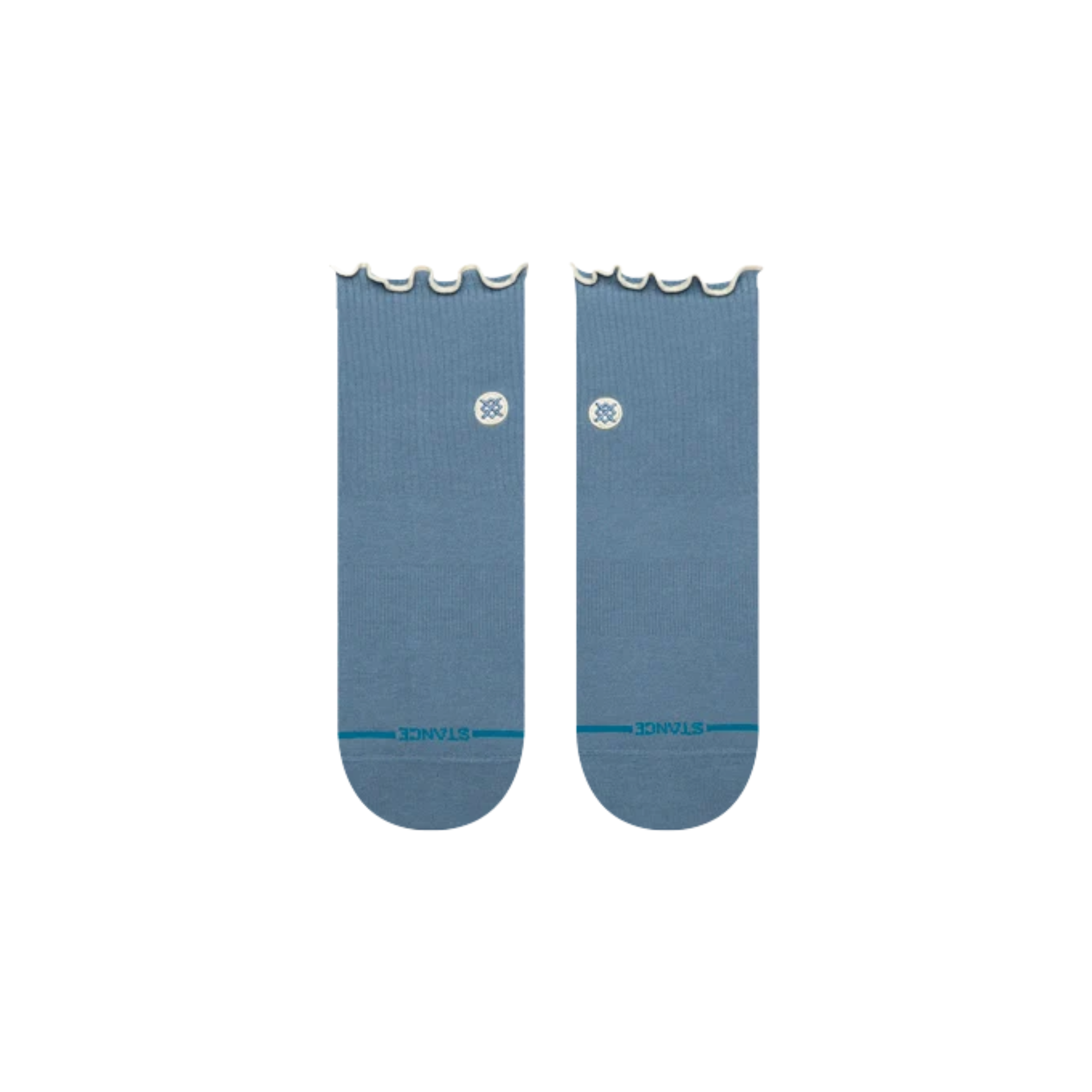 A pair of stance light blue ankle socks with scalloped ruffle edges at the top and a small white circular logo on the side, displayed against a plain white background.