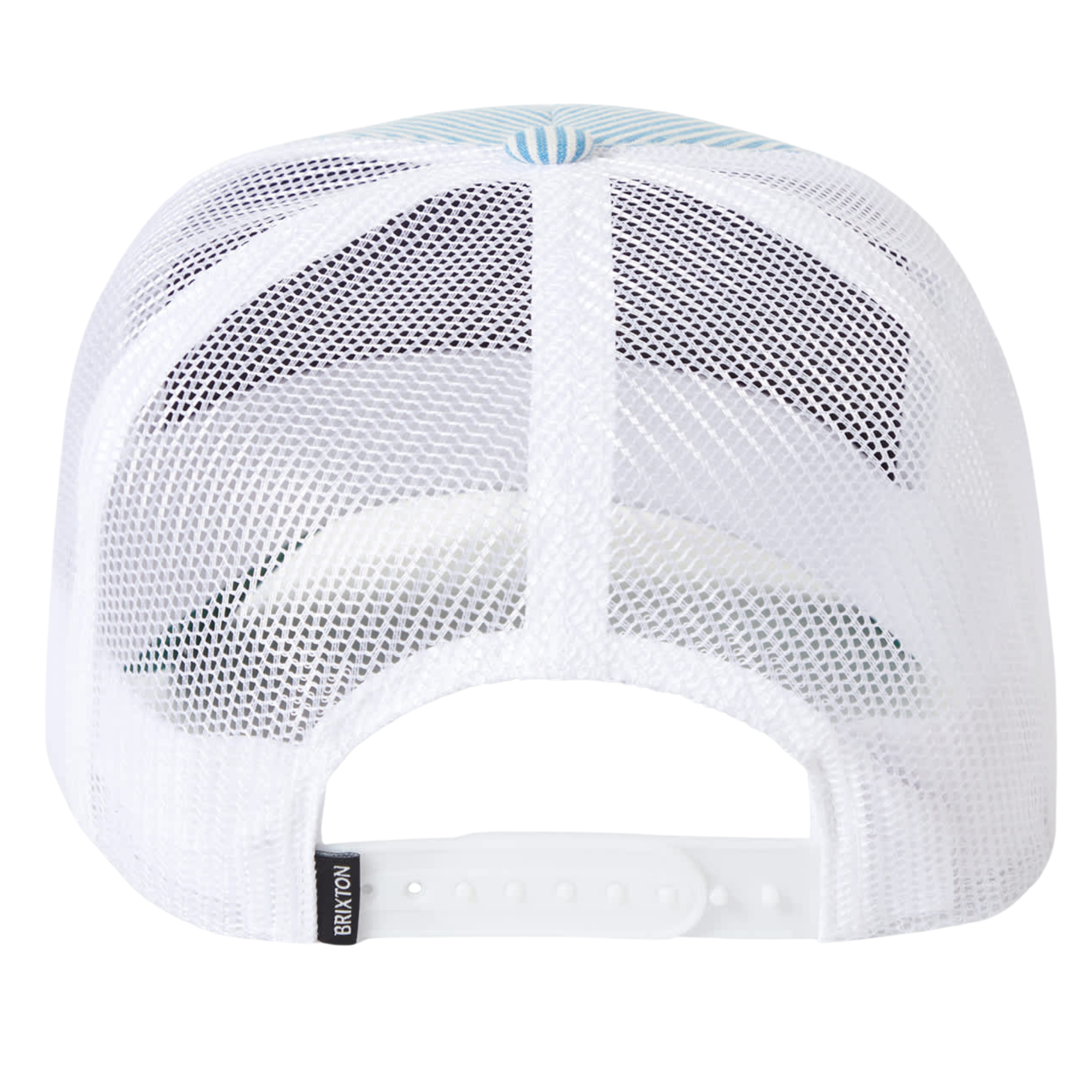 Blue and white striped brixton take it easy trucker hat with a patch on a white background