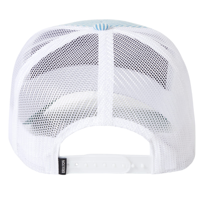 Blue and white striped brixton take it easy trucker hat with a patch on a white background