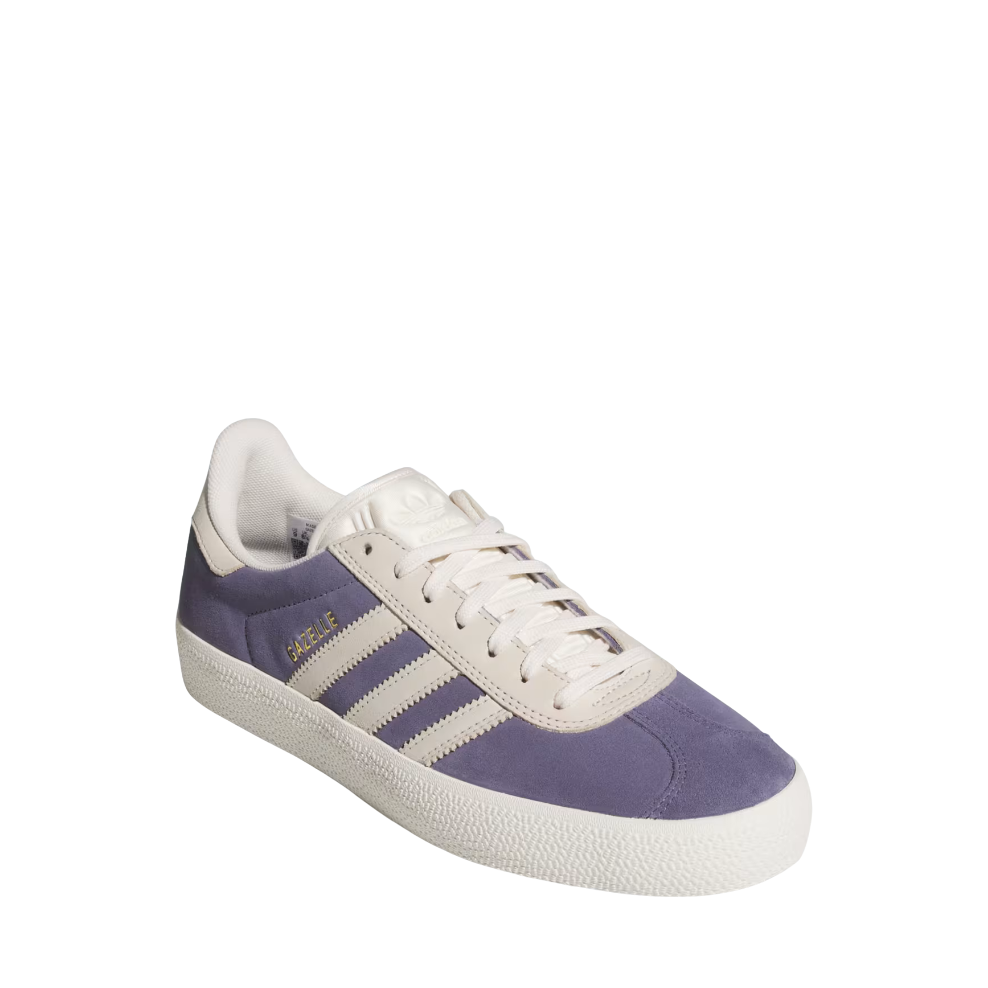 purple adidas gazelle adv skateboard shoe with white stripes on a white background