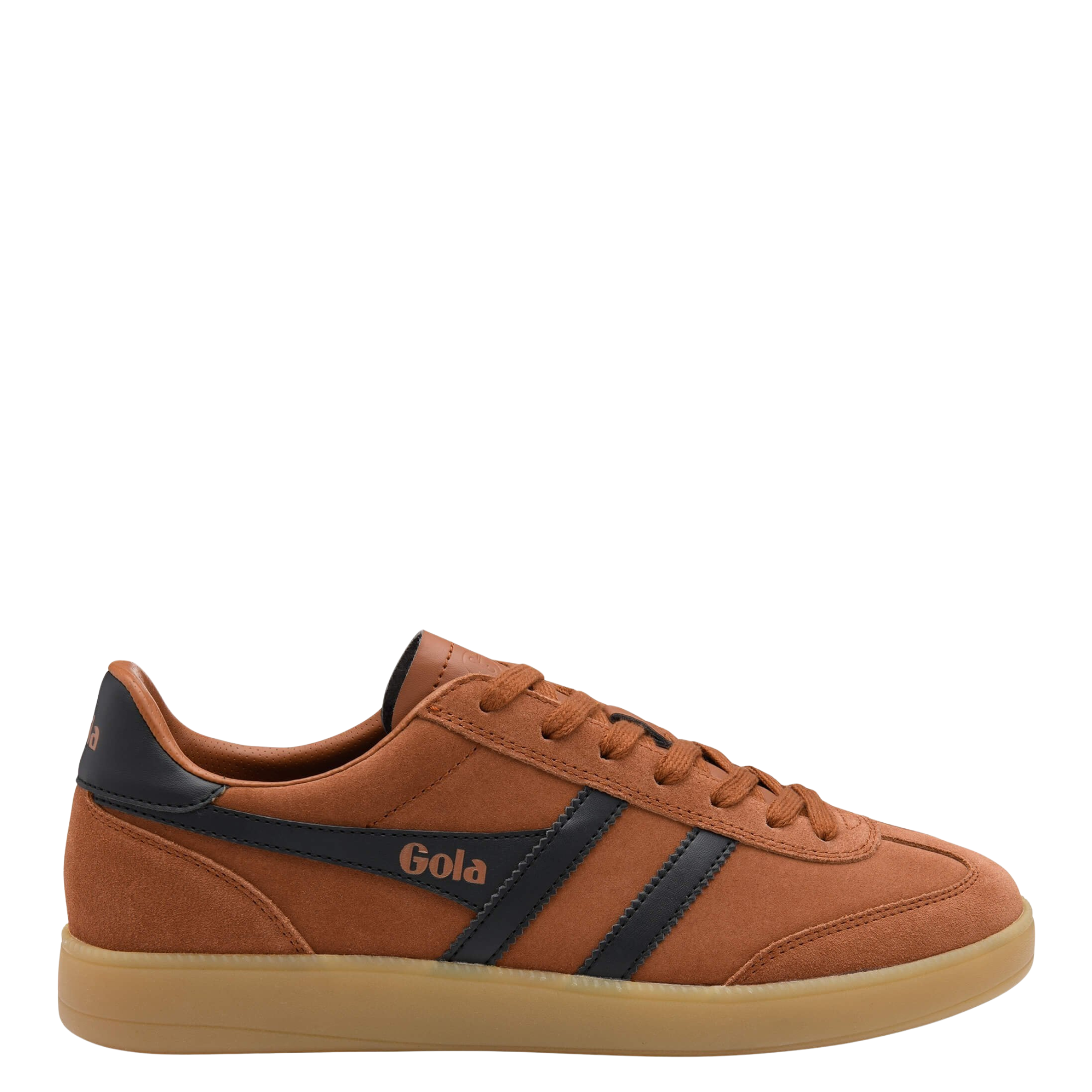 orange men's gola viper trainer with black stripes and gum sole on a white back ground