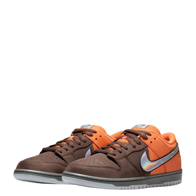 Orange and brown nike sb dunk low pro muni fast pass sneaker with a colorful swoosh logo on a white background