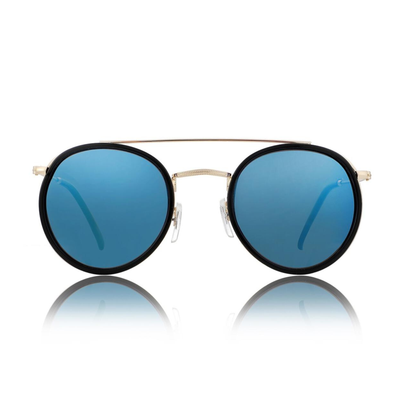 glassy parker premium Sunglasses with blue lenses and gold frame on a white background
