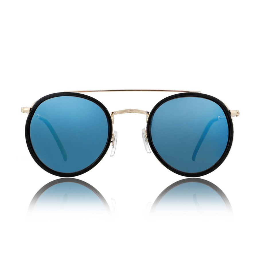 glassy parker premium Sunglasses with blue lenses and gold frame on a white background