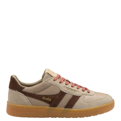 Light tan gola hawk '93 women's sneakers with dark brown stripe, pink laces and gum sole on a white background