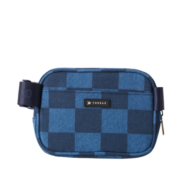 blue and navy checkerboard thread belt bag fanny pack on a white background
