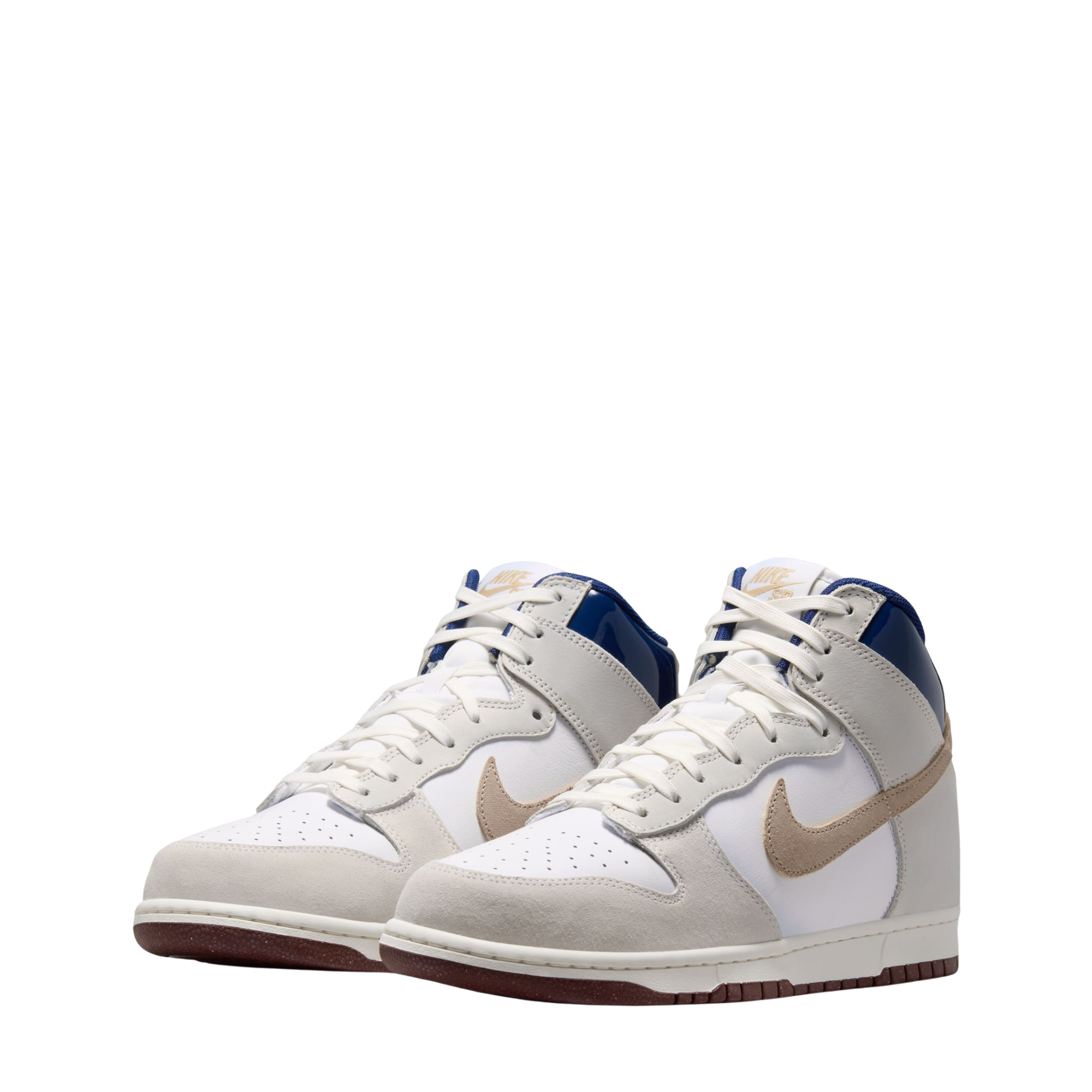 A pair of Nike SB X Beyond Skate Shop  High sneakers in white, beige, and navy blue, shown from a three-quarters angle on a solid white background.