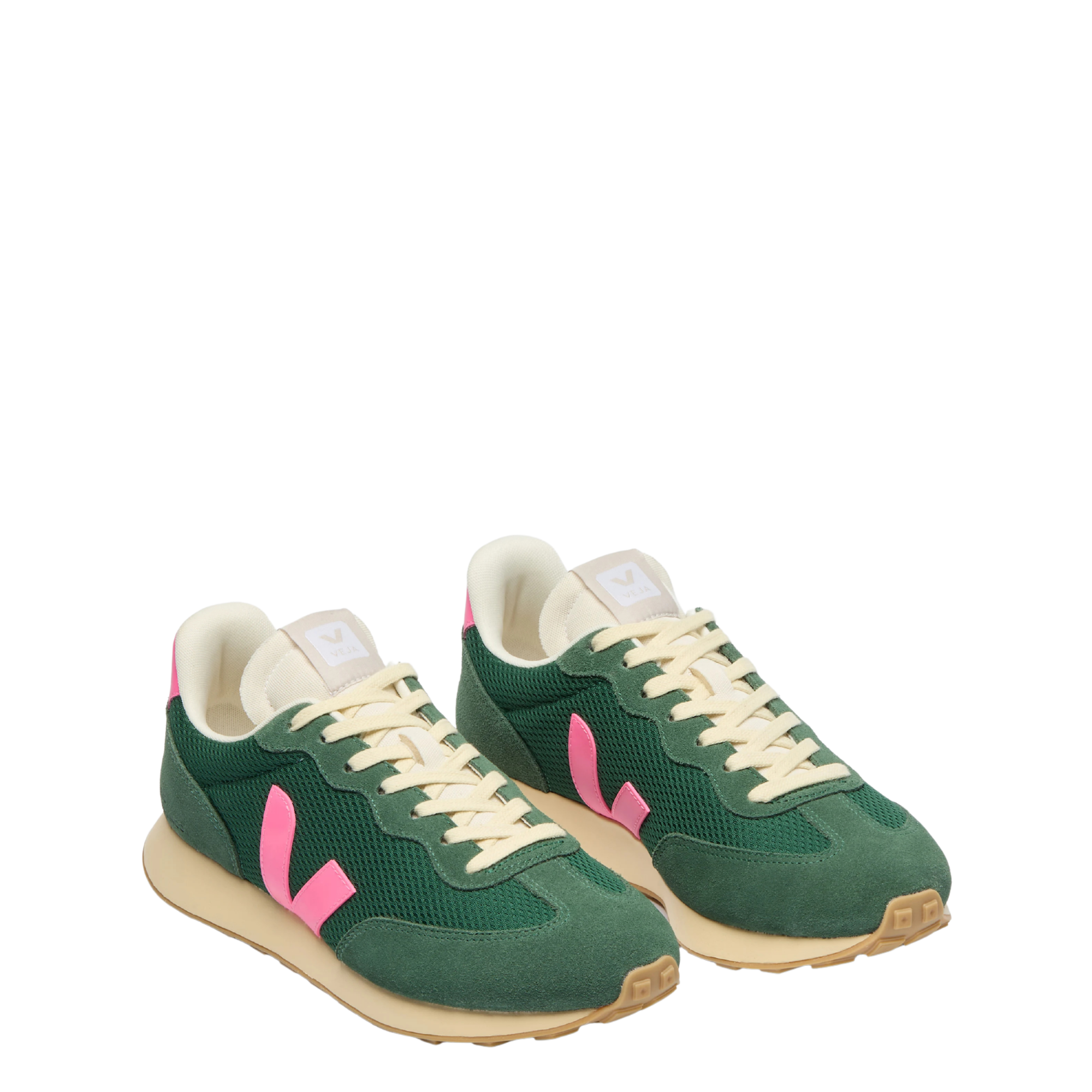 A pair of green Veja rio branco sneakers with a prominent pink 'V' logo on the side, cream laces and collar lining, and a beige gum sole, shown against a plain white background.