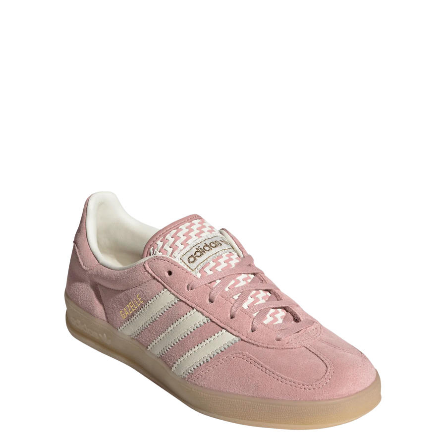 pink adidas women's gazelle indoor shoe with knit tongue and white stripes on a white background