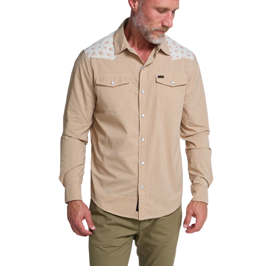 A beige and brown checkered long-sleeve howler h bar tech western shirt with beige floral patterned yoke panels on the shoulders, featuring two buttoned chest pockets and a button-down front.