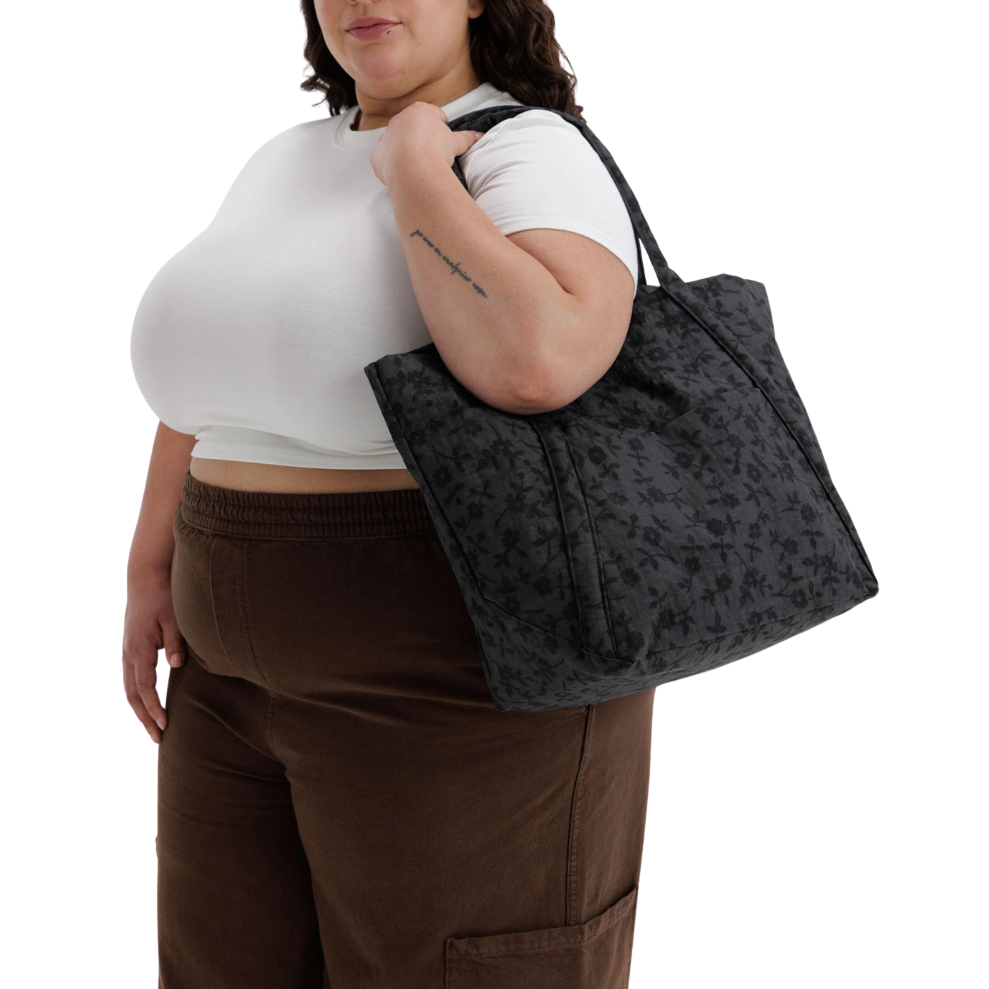 A black baggu cloud tote bag with a subtle tonal floral pattern and dual shoulder straps, shown against a plain white background.