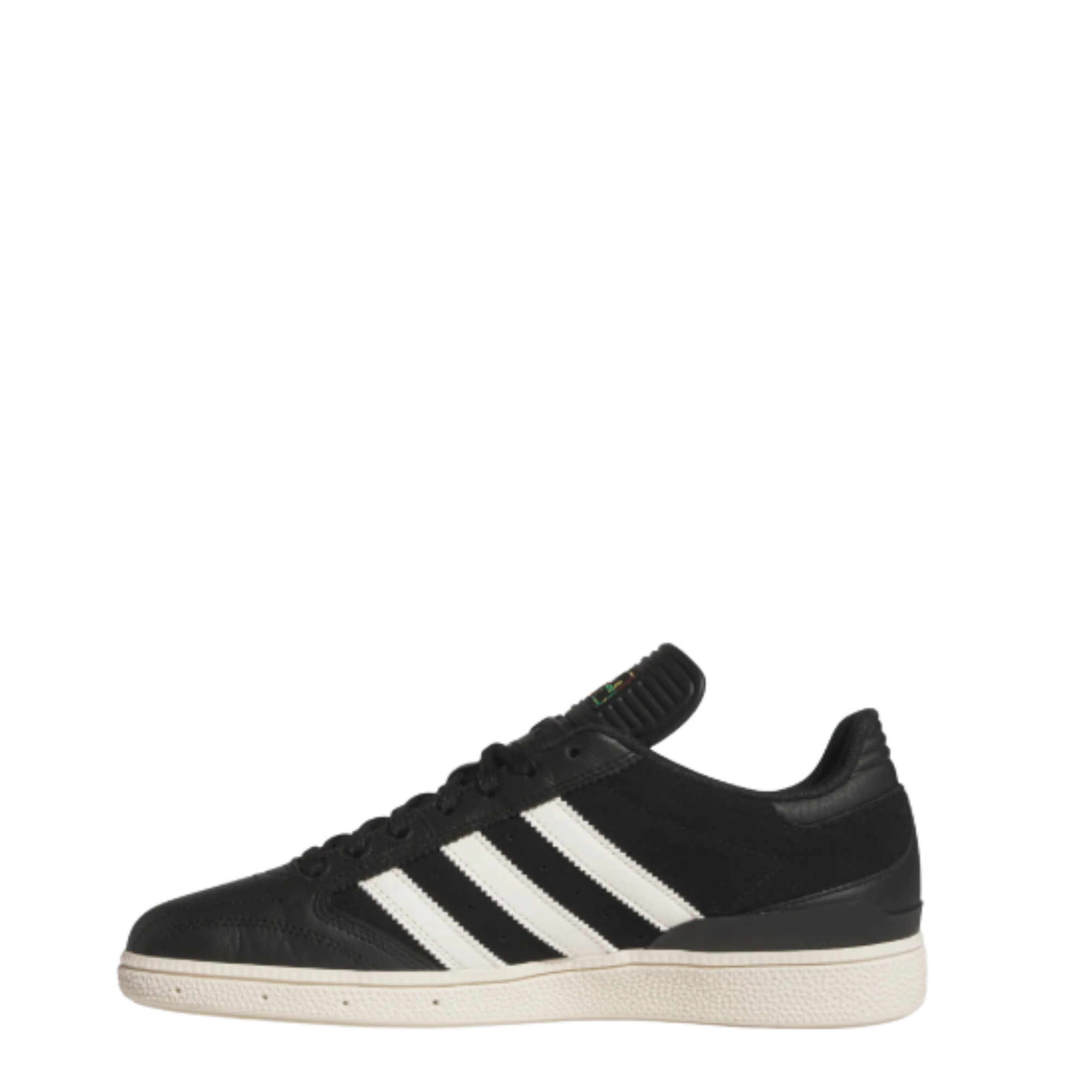 black leather adidas busenitz skateboard sneaker with an off white sole on a white background