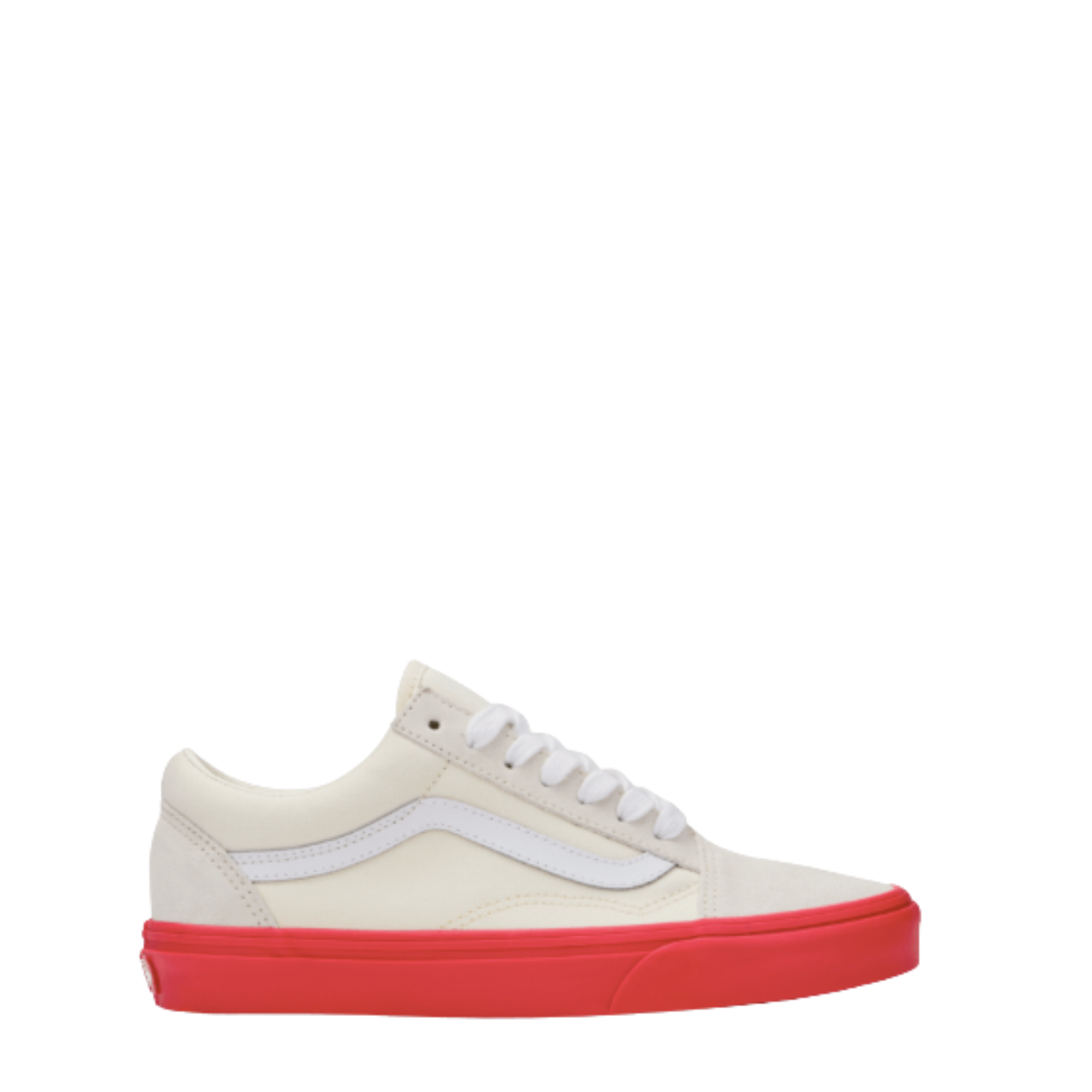 off white vans old skool with a red sole on a white background