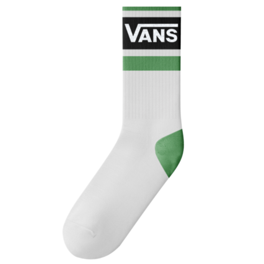 White sock with green accents and Vans logo on a white background
