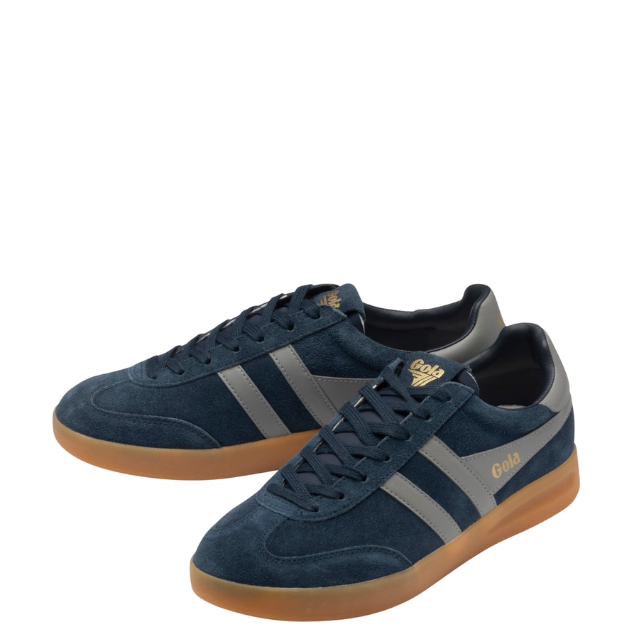navy blue gola men's cyclone sneaker with grey stripes and gum sole on white background