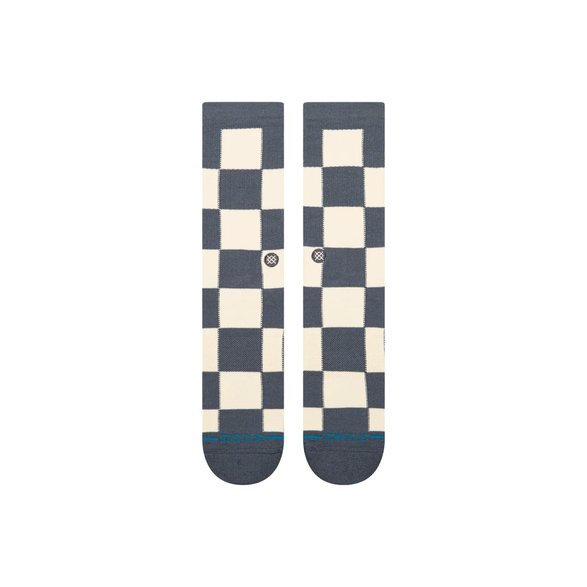 A pair of stance chaturanga crew socks with a blue-gray and cream checkerboard pattern, featuring a small circular Stance logo on the side and a thin teal stripe on the toes.