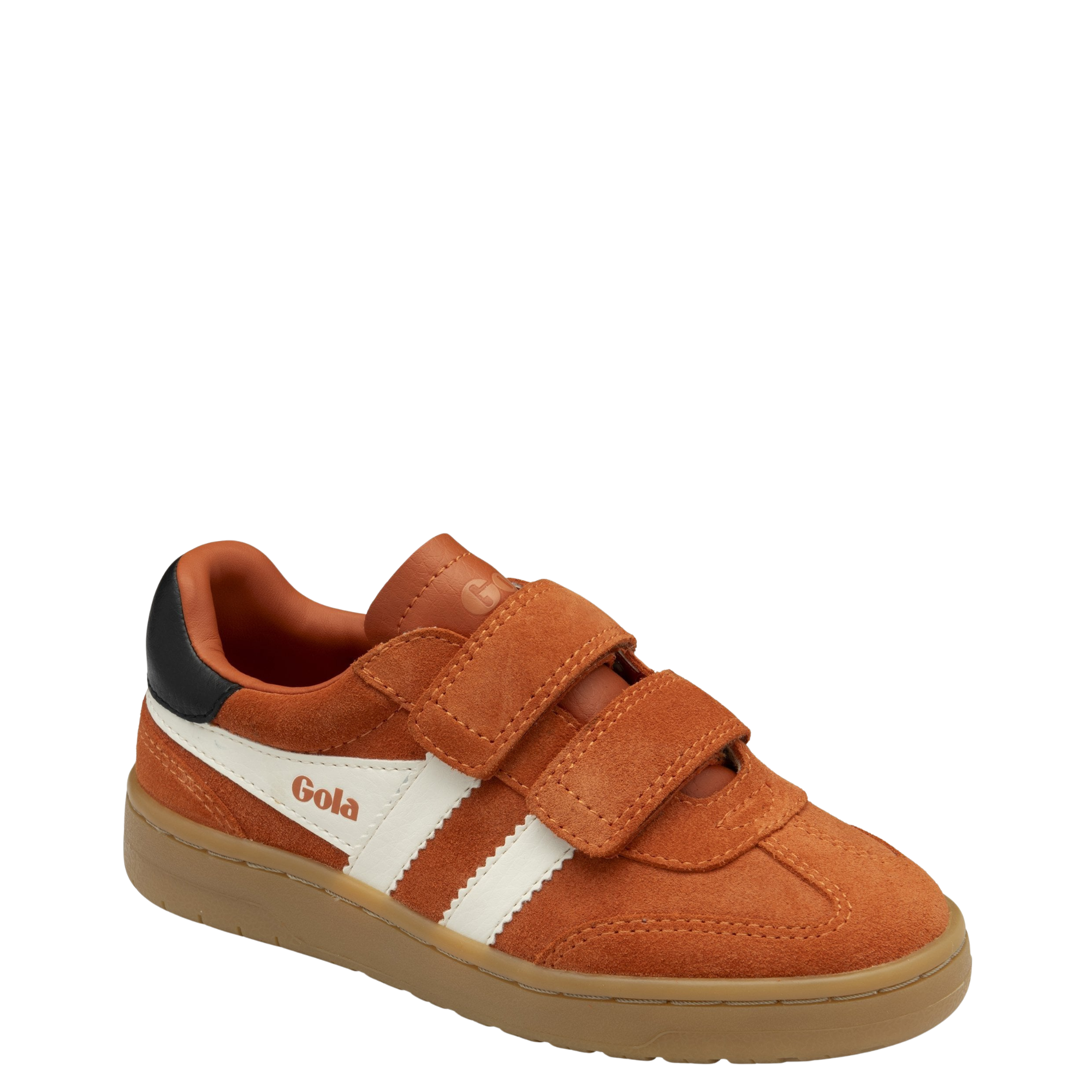 Orange gola children's viper sneaker with white stripes and brown sole on a white background