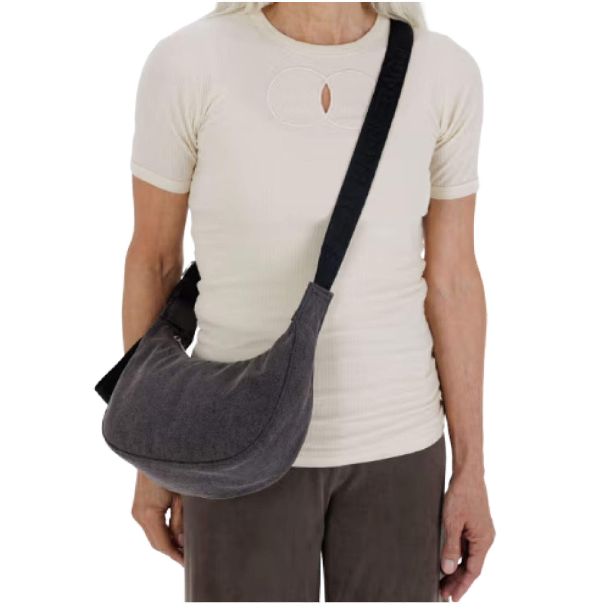 DARK Gray baggu small denim crescent shoulder bag with a strap on a white background