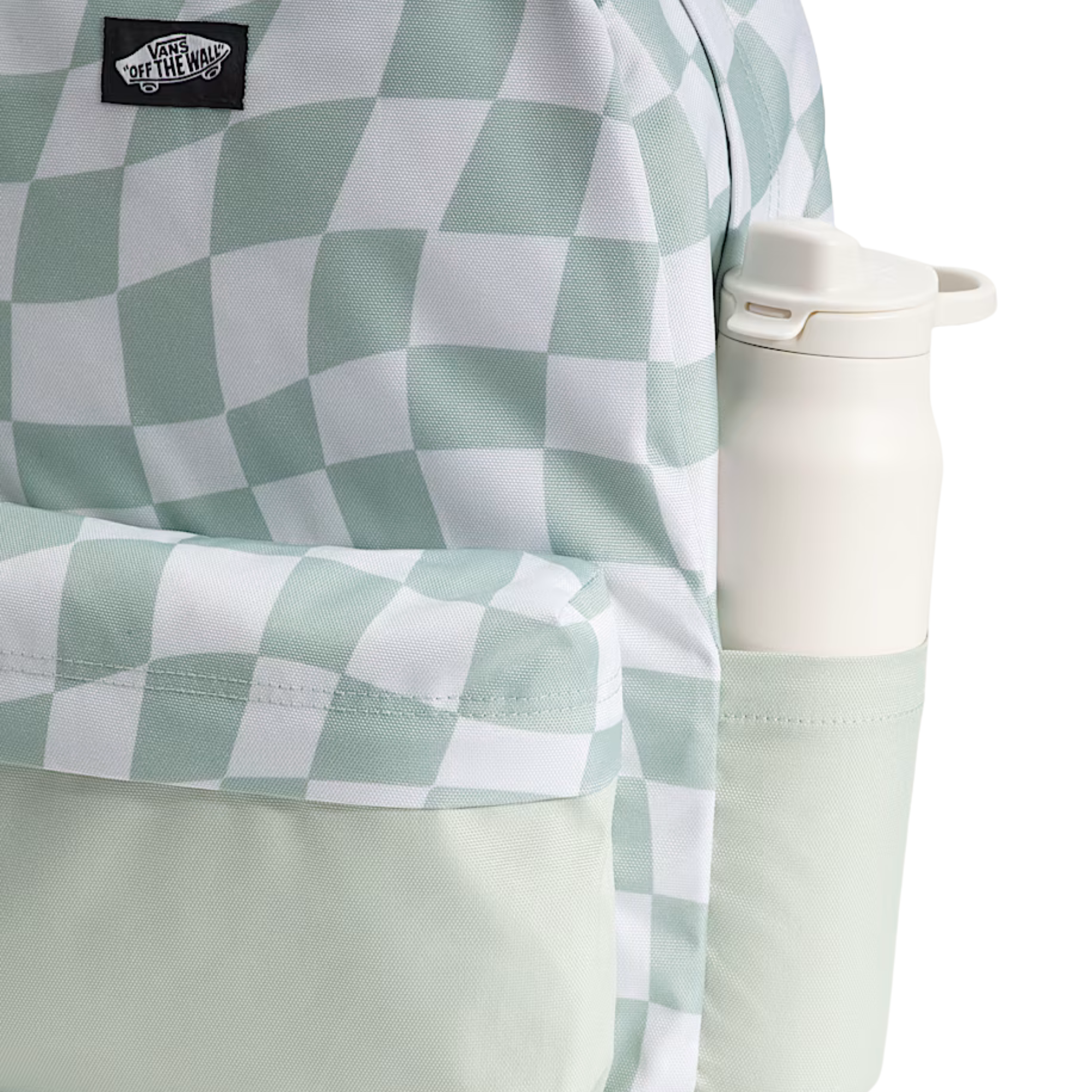 Green and white vans checkered backpack with a visible brand logo on a white background