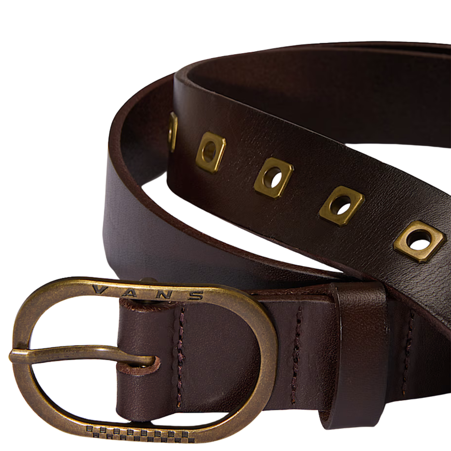 brown vans determined leather belt with gold fixtures on a white background