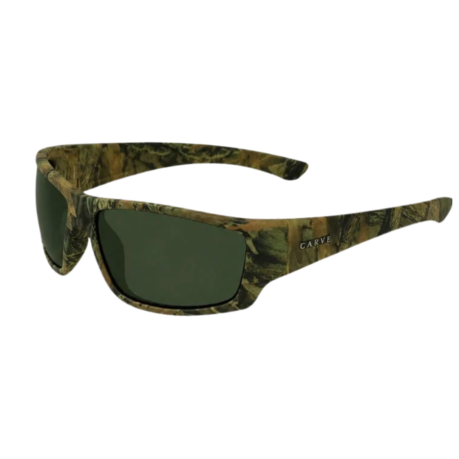 Square carve usa eyewear moray sunglasses with a green-tinted lens and a camouflage-patterned frame in shades of green, brown, and black, shown against a plain white background.