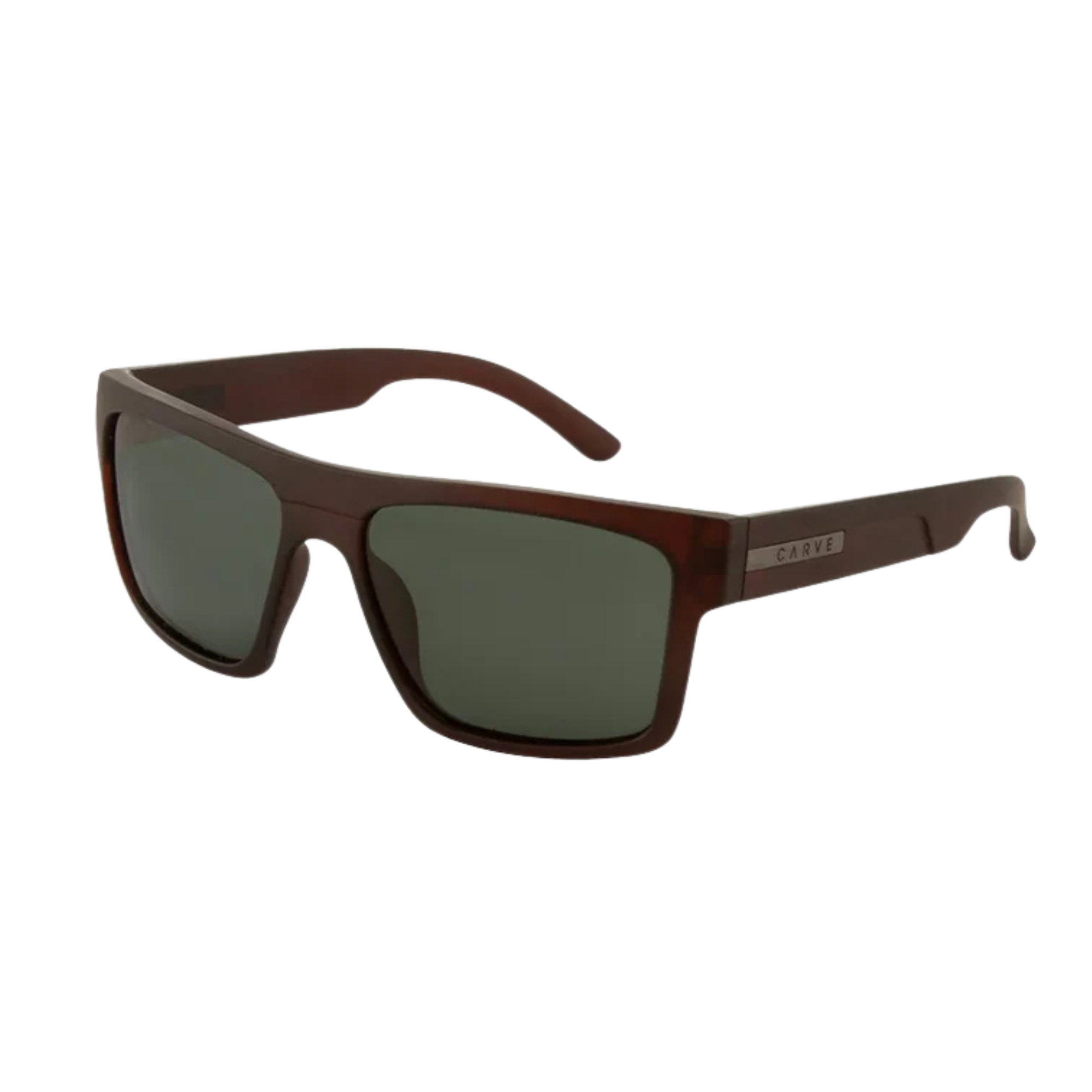 Matte dark brown carve eyewear rectangular sunglasses with dark green lenses, shown from the front on a solid white background.