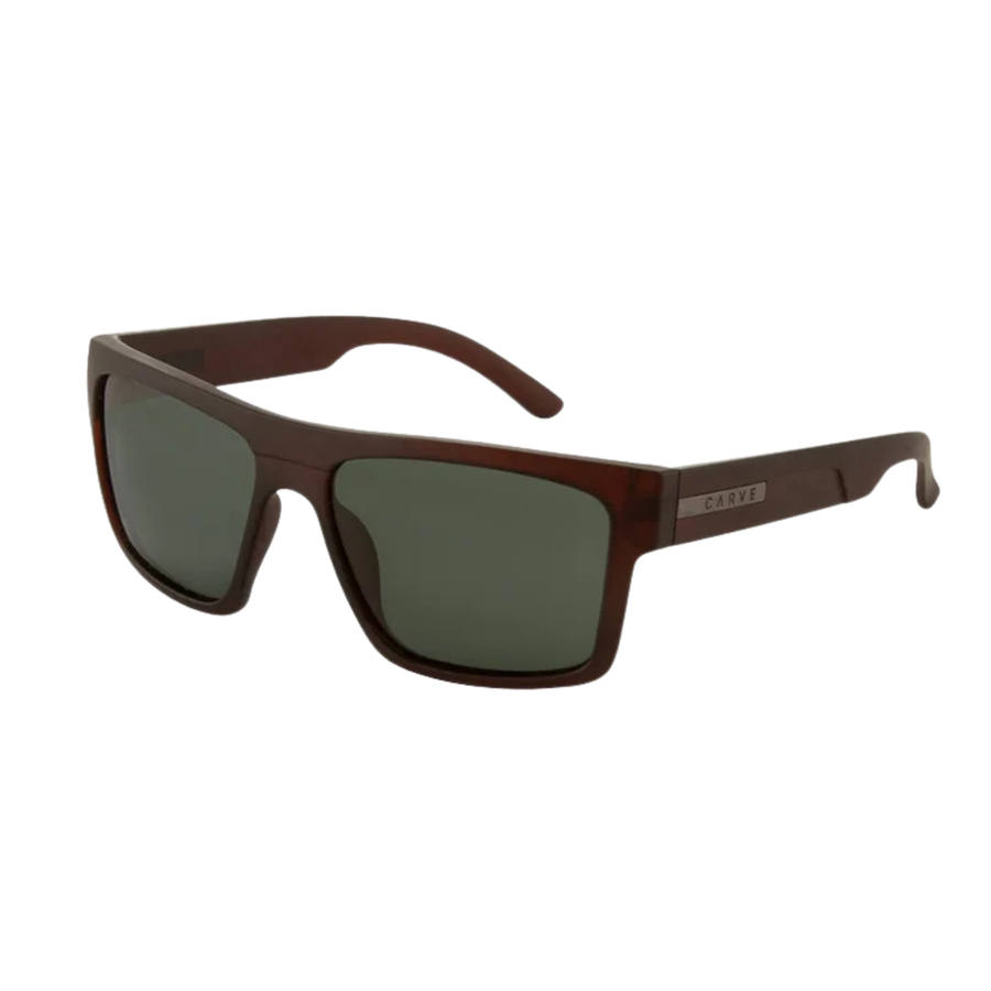 Matte dark brown carve eyewear rectangular sunglasses with dark green lenses, shown from the front on a solid white background.
