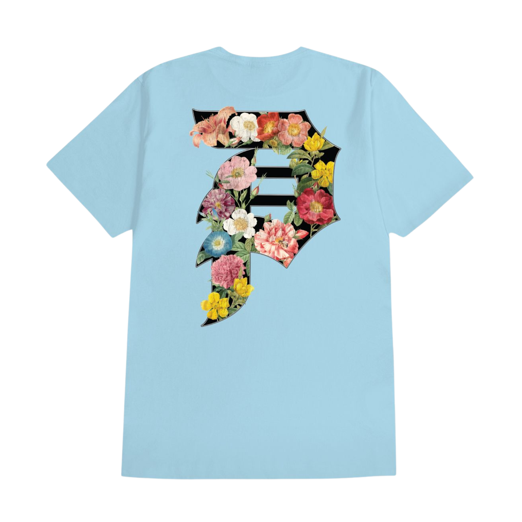 A light blue short-sleeve t-shirt shown from the back, featuring a large graphic of the Dirty P Primitive logo filled with a colorful floral print.