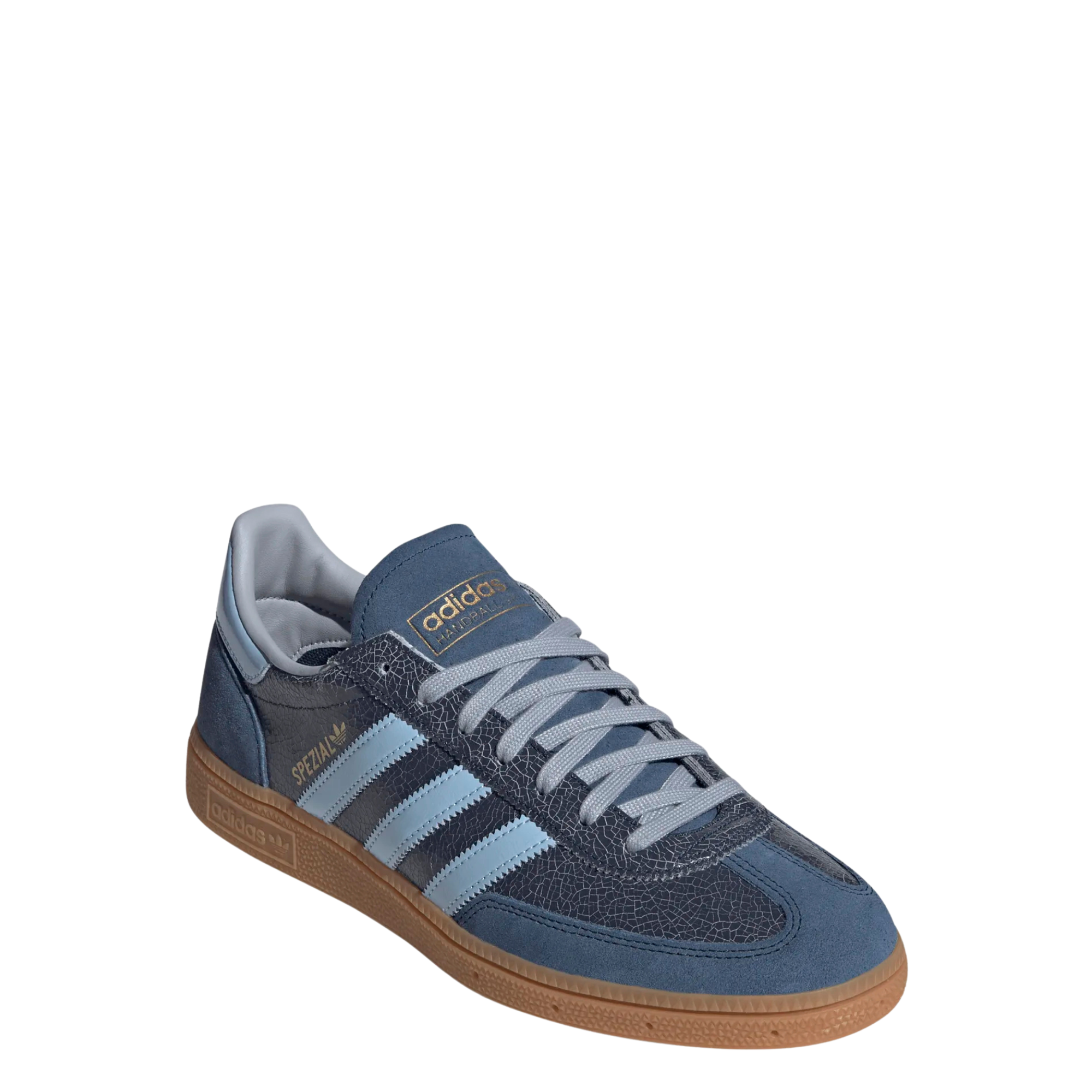 A single Adidas handball spezial sneaker in navy blue suede and textured leather, featuring light blue stripes, a light blue heel tab, and a brown gum sole, shown against a plain white background.