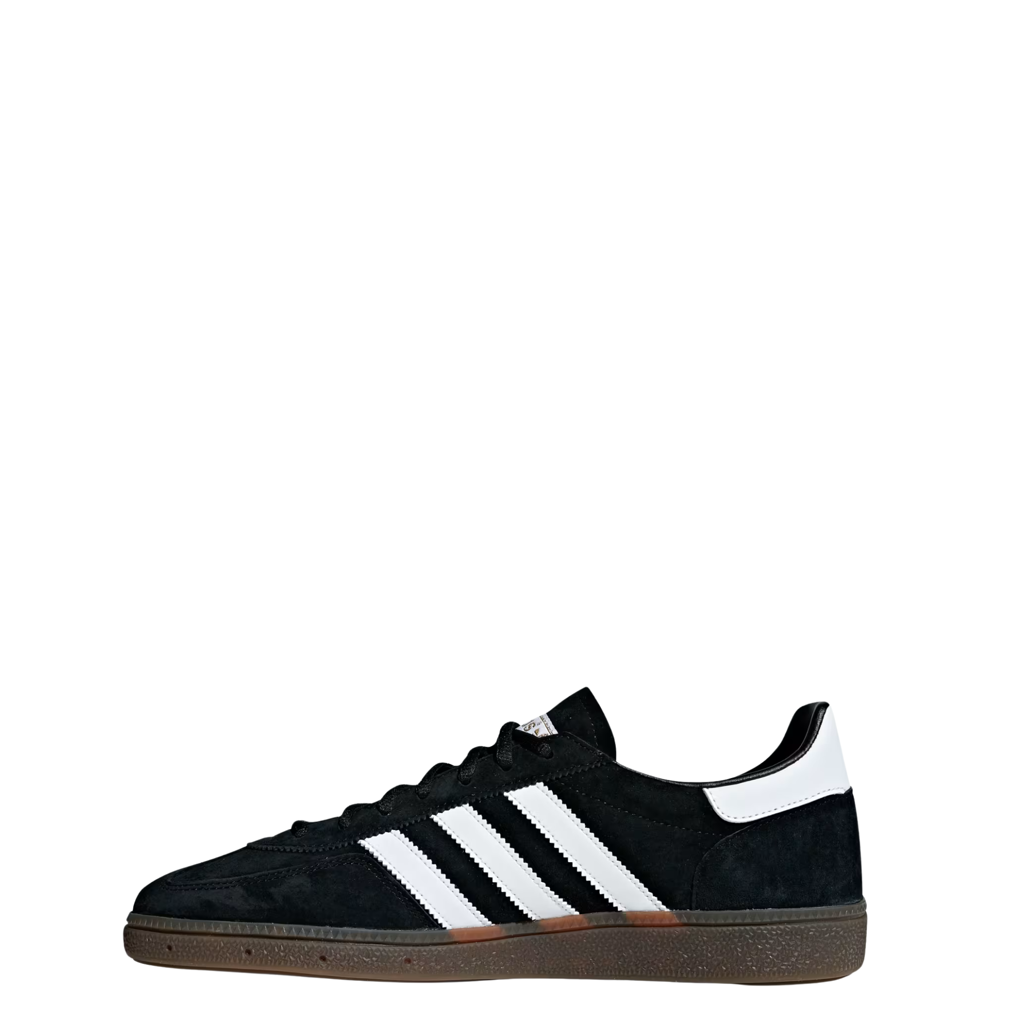 Black Adidas HANDBALL SPEZIAL sneaker with white stripes on a white background