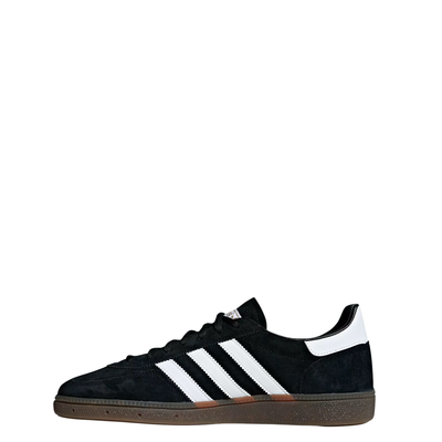 Black Adidas HANDBALL SPEZIAL sneaker with white stripes on a white background