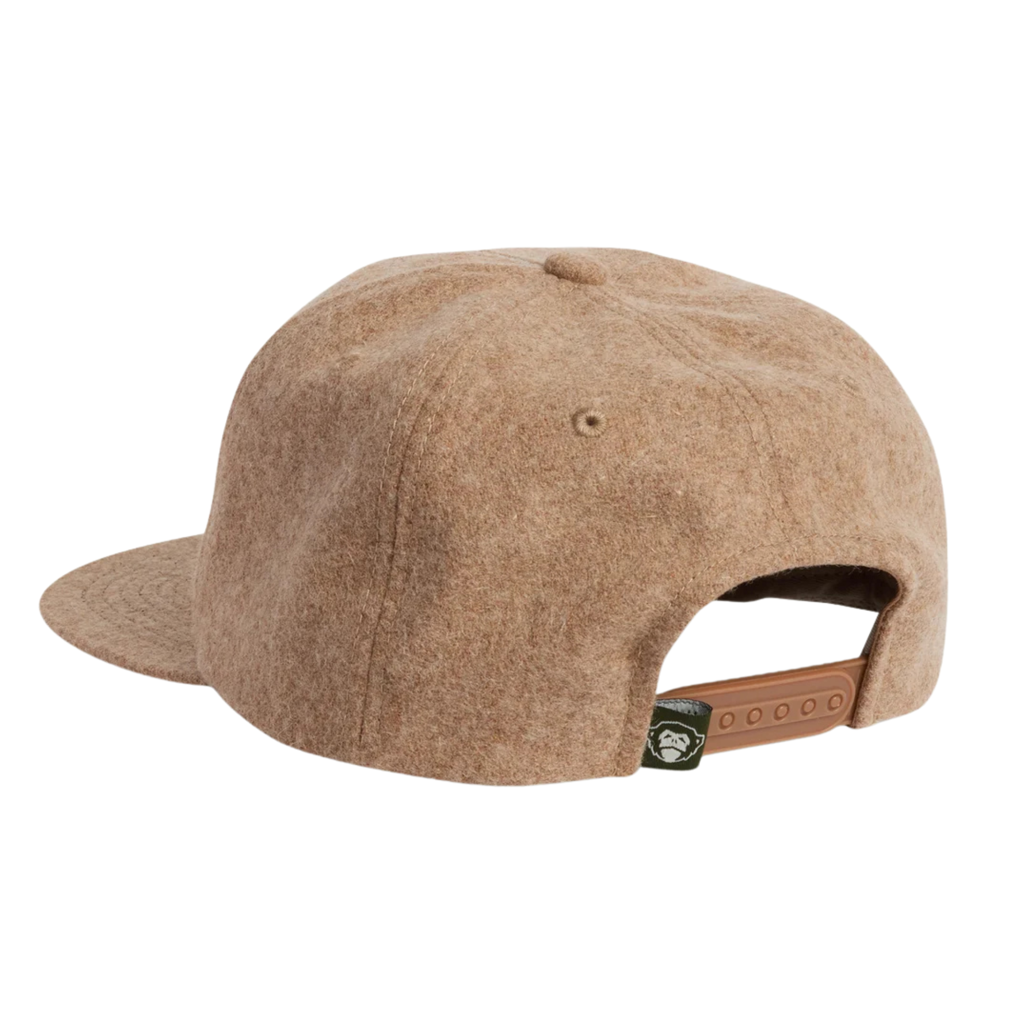A flat-brim howler brothers snapback cap in a heathered tan wool-like fabric, featuring a prominent embroidered 'HB' logo in cream with a yellow lightning bolt detail on the front.