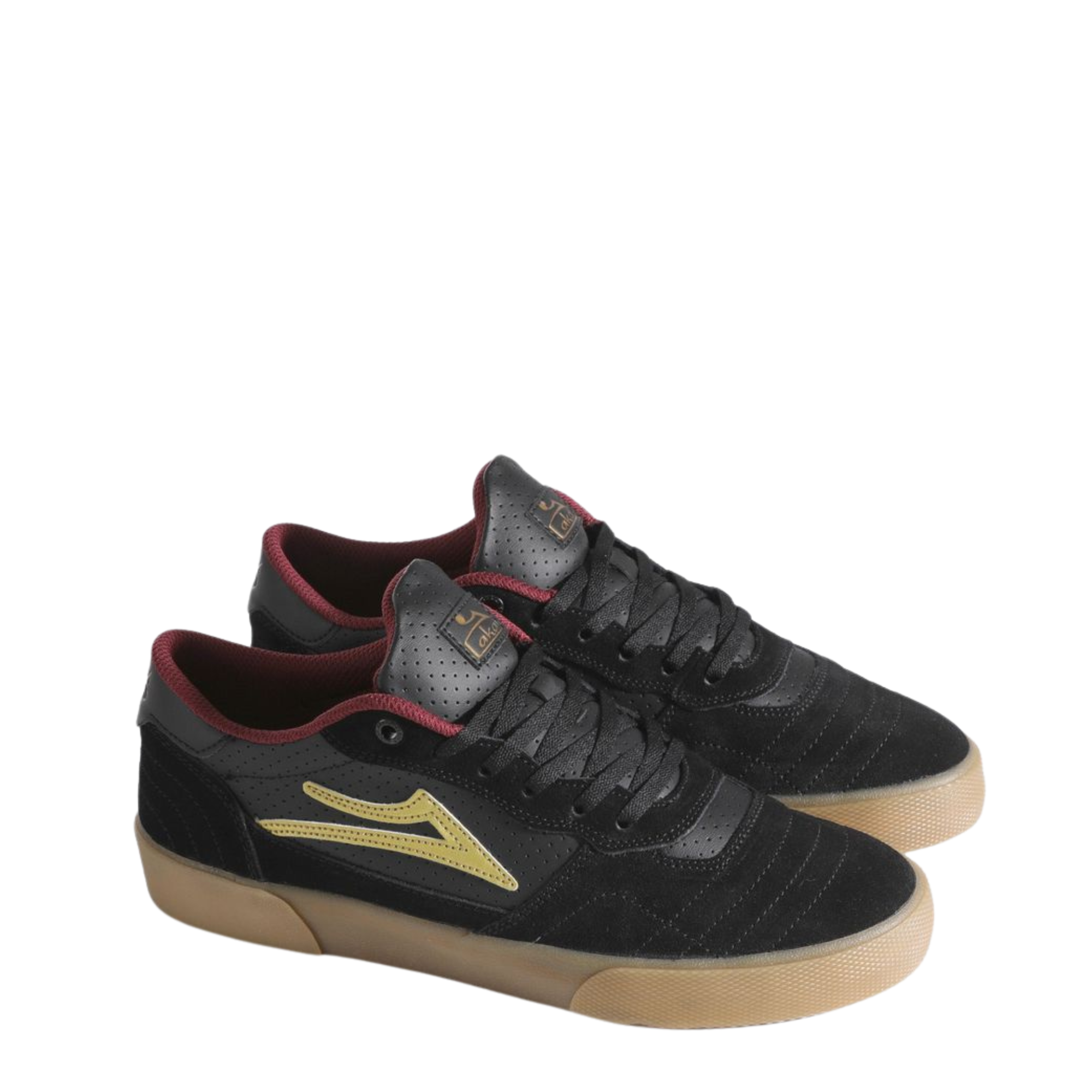 Black and gray lakai bastian salabanzi cambridge skate shoe shoe with red accents on a white background