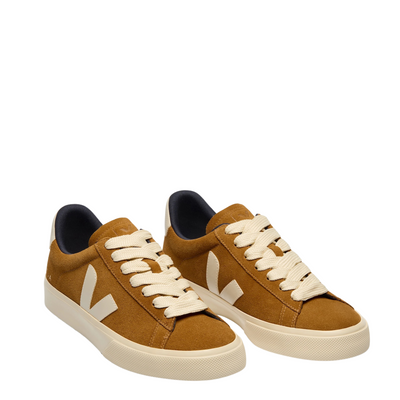 brown veja campo suede women's sneaker with off white laces, logo and sole on a white background