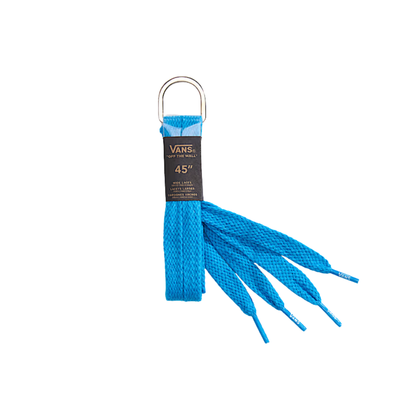 Blue shoelaces with a Vans label on a white background