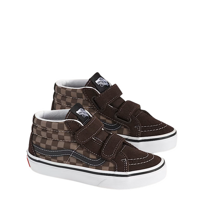 Brown checkered Vans kid's and toddler sk8-mid sneaker on a white background