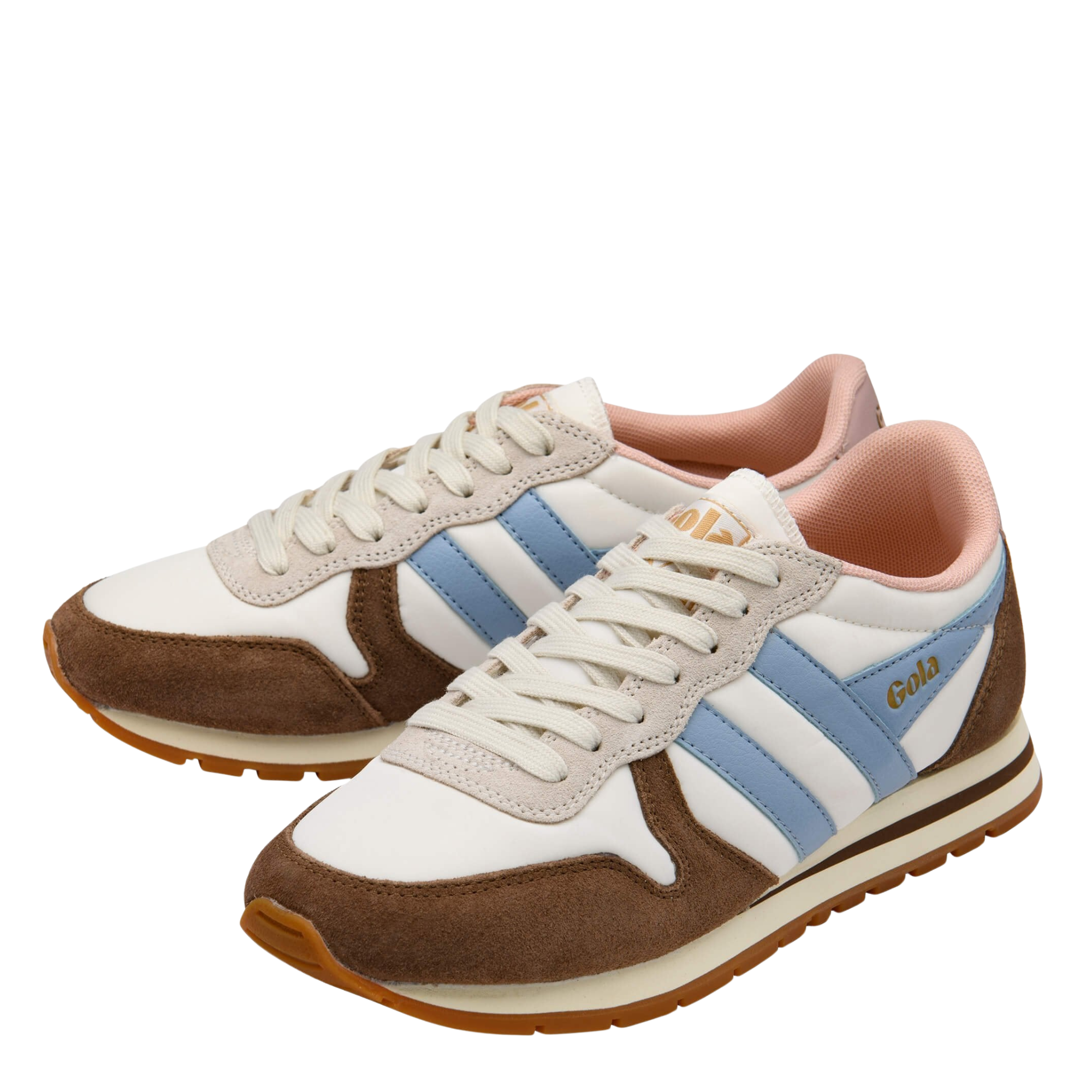 Multicolored gola daytona chute women's sneaker with brown, blue, and white design on a white background