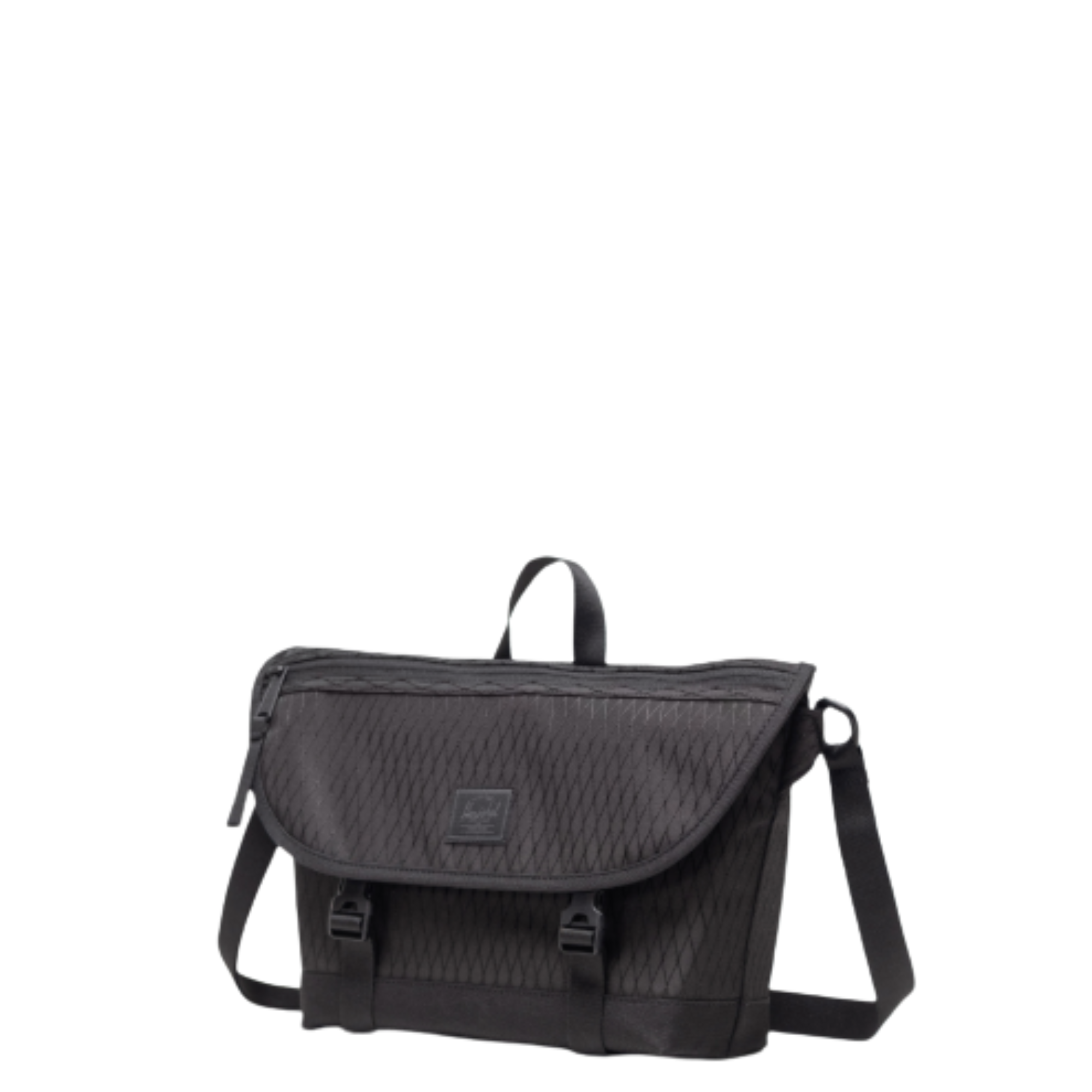 Black PATTERNED herschel messenger bag on a white background