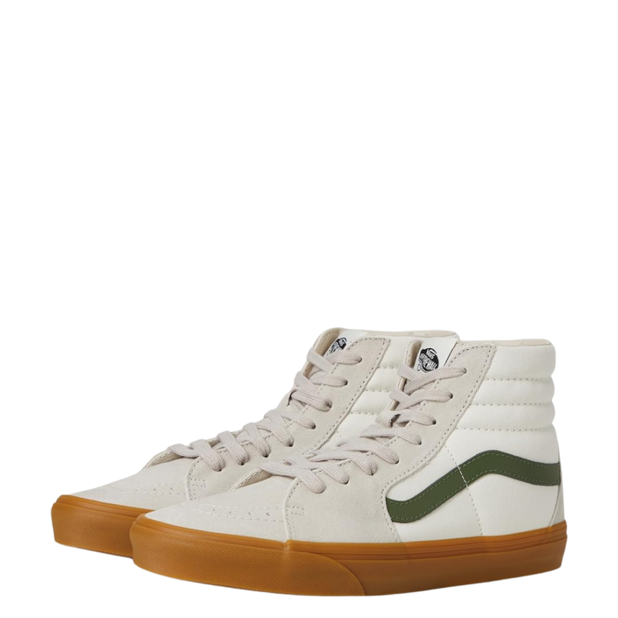 vans White high-top vans sk8-hi sneaker with green stripe and brown sole on a white background