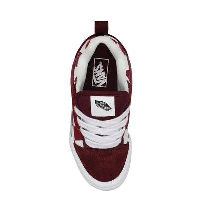 Maroon red and white checkered vans big kids knu skool sneaker on a white background